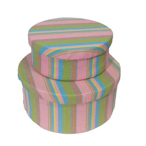 Set/ 2 Nesting Boxes Fabric Covered Round Stripe Pink Lime Aqua Yellow - Picture 1 of 13